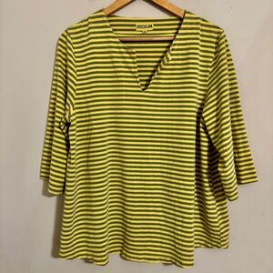 Iridium Women's V-neck A-line Striped Top 3/4 Sleeve Yellow size M Casual Artsy